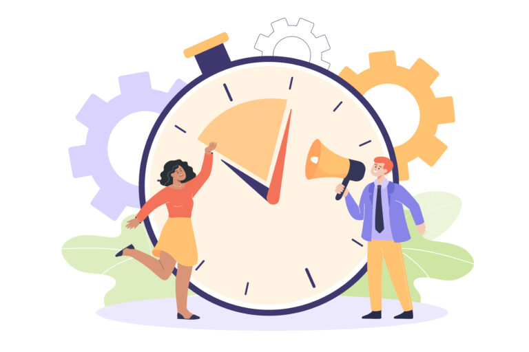 Tiny man and woman in background of huge timer - Dynamik HR